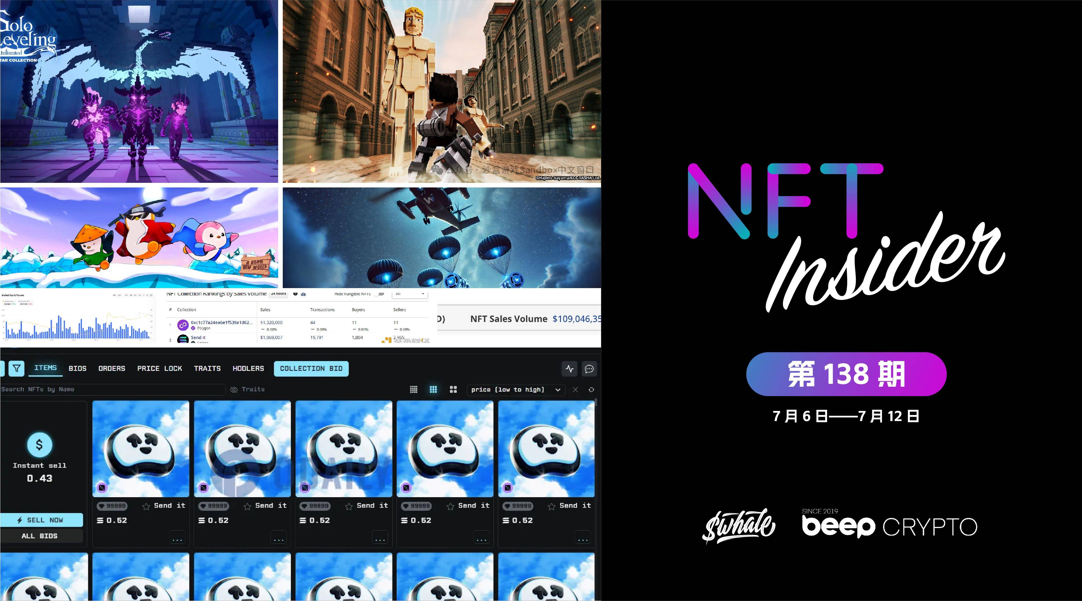 NFT Insider #138：过去一周NFT交易量激增45.57%，The Sandbox上将推出“进击的巨人”系列NFT以及LAND，
